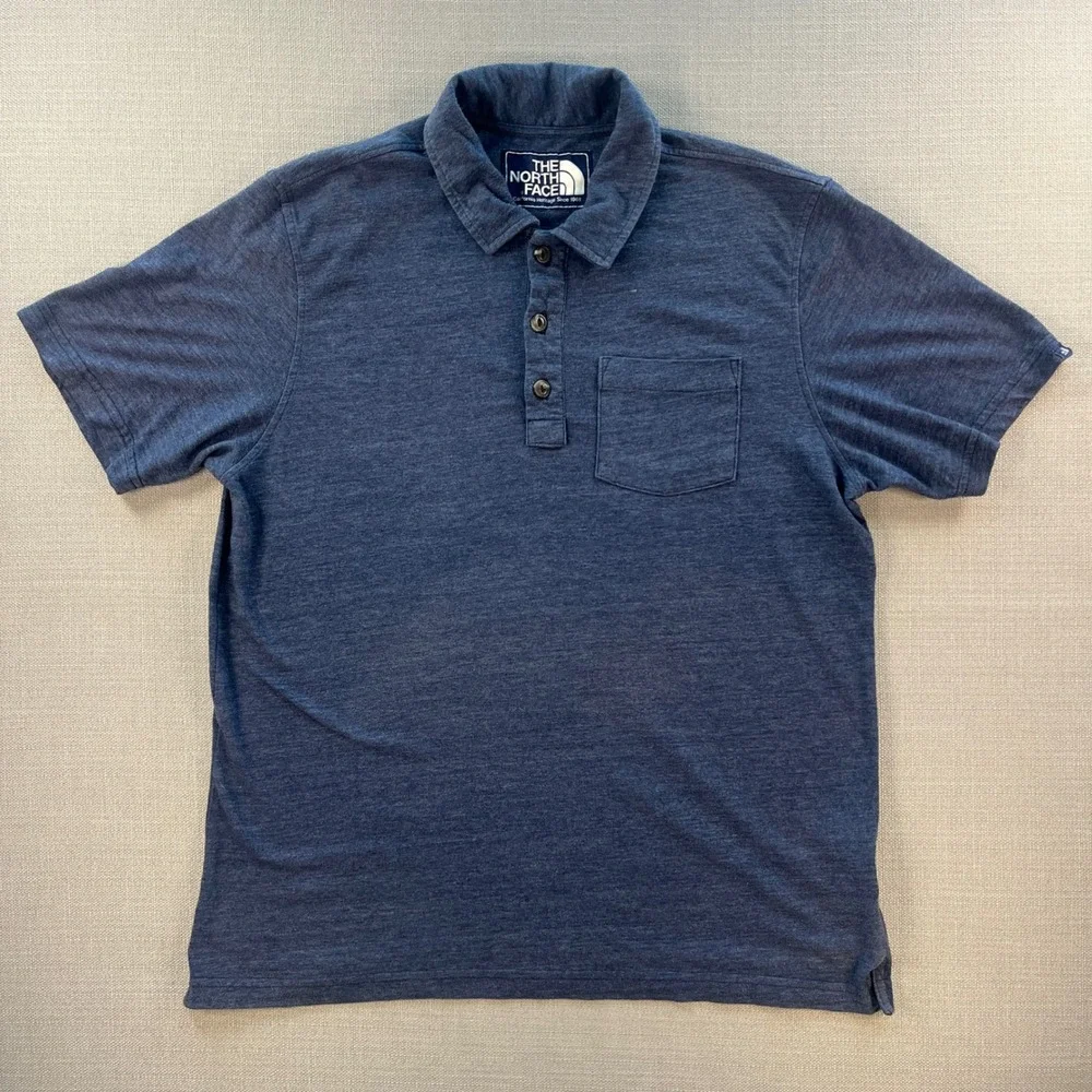 The North‎ Face Mens Heritage Polo Shirt Navy Blue Heathered Pocket A3CB Size L
